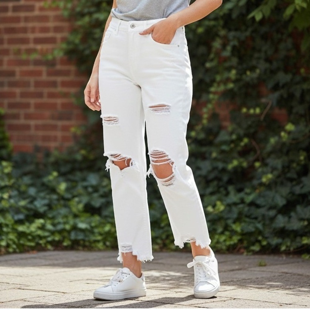 Zara‎ Womens White Distressed High Waisted Button Fly Straight Leg Jeans Size 2